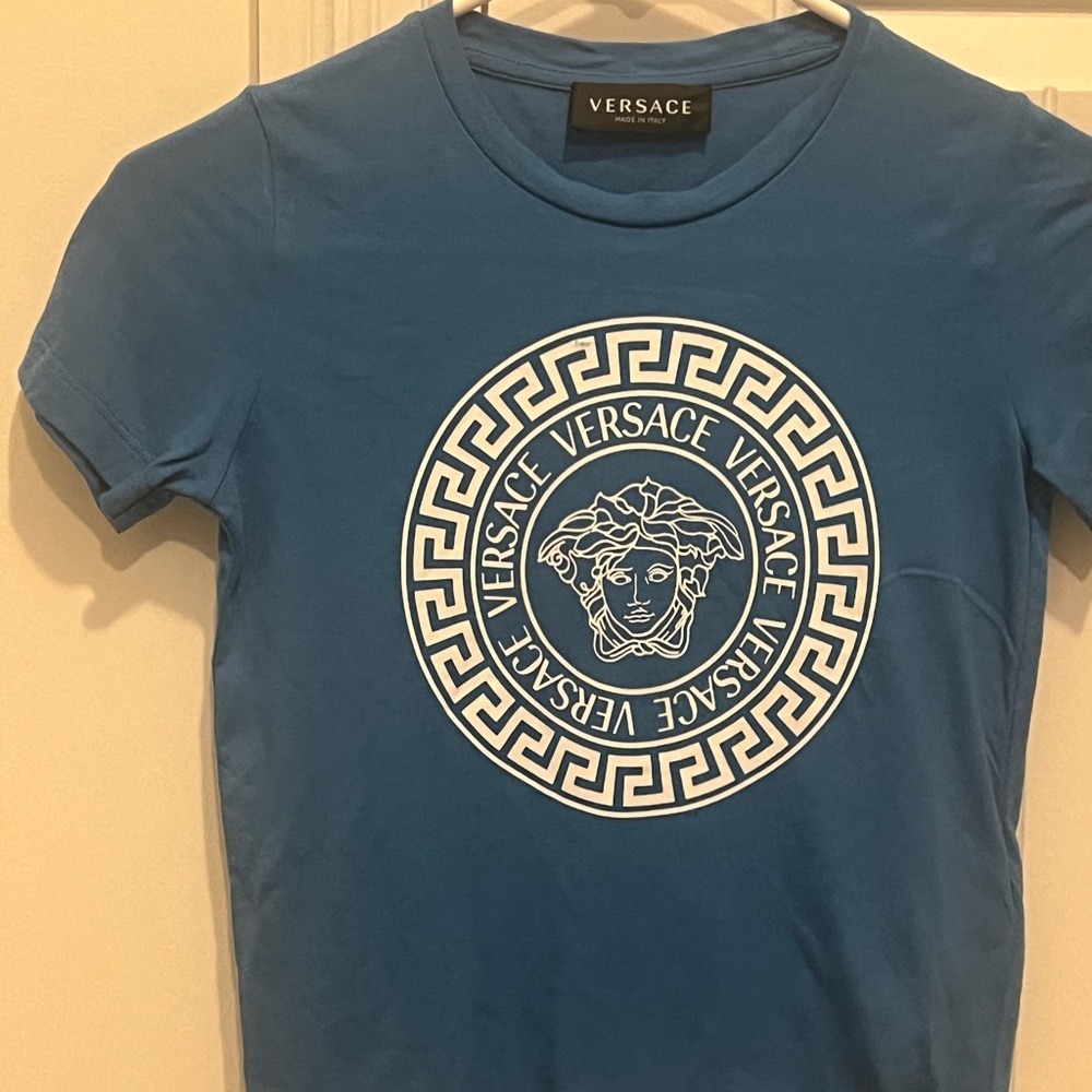 Versace Blue Tee with White Greek Key Design